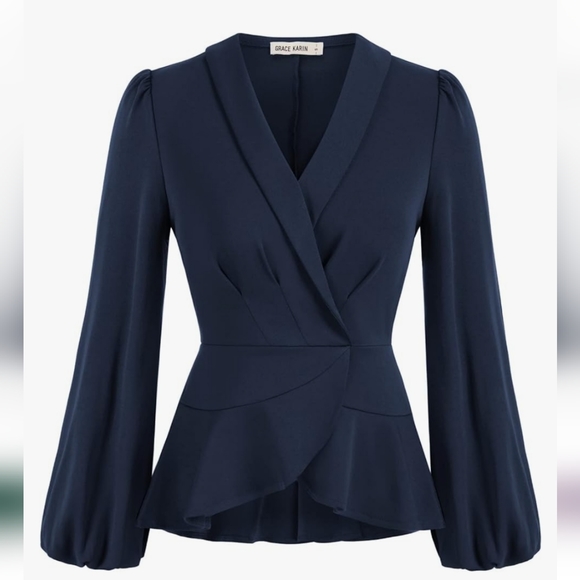 NWT GRACE KARIN navy long sleeves wrap v-neck blouse - Picture 2 of 8